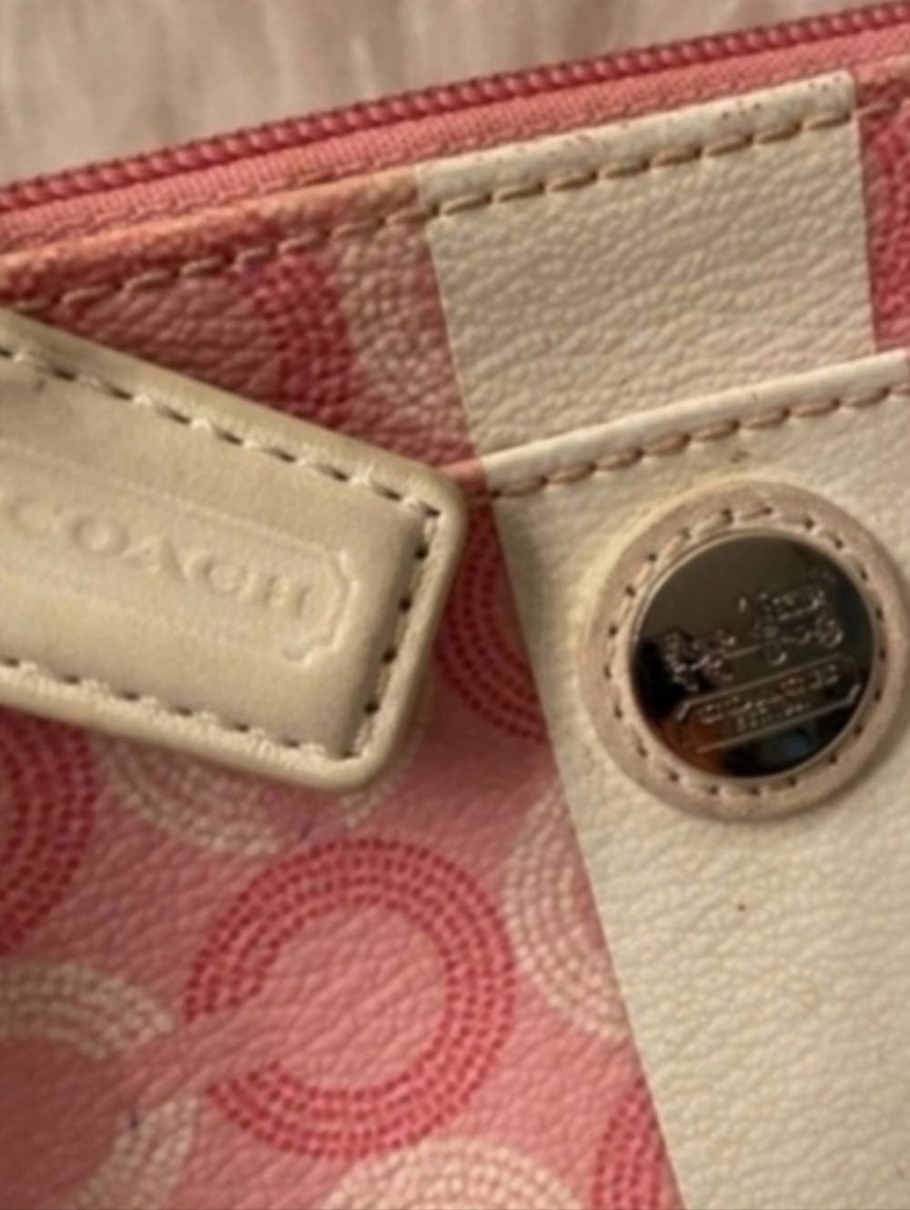 Coach Pink And Cream Circle C Signature Stripe Mini Handbag Wristlet - Picture 2 of 5